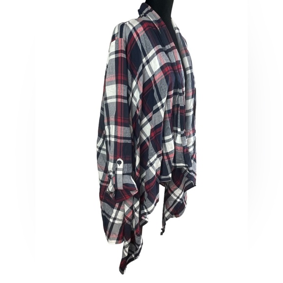 Cato’s Red & Blue Plaid Roll Tab Sleeves Asymmetrical Open front Cardigan shirt - Picture 4 of 8